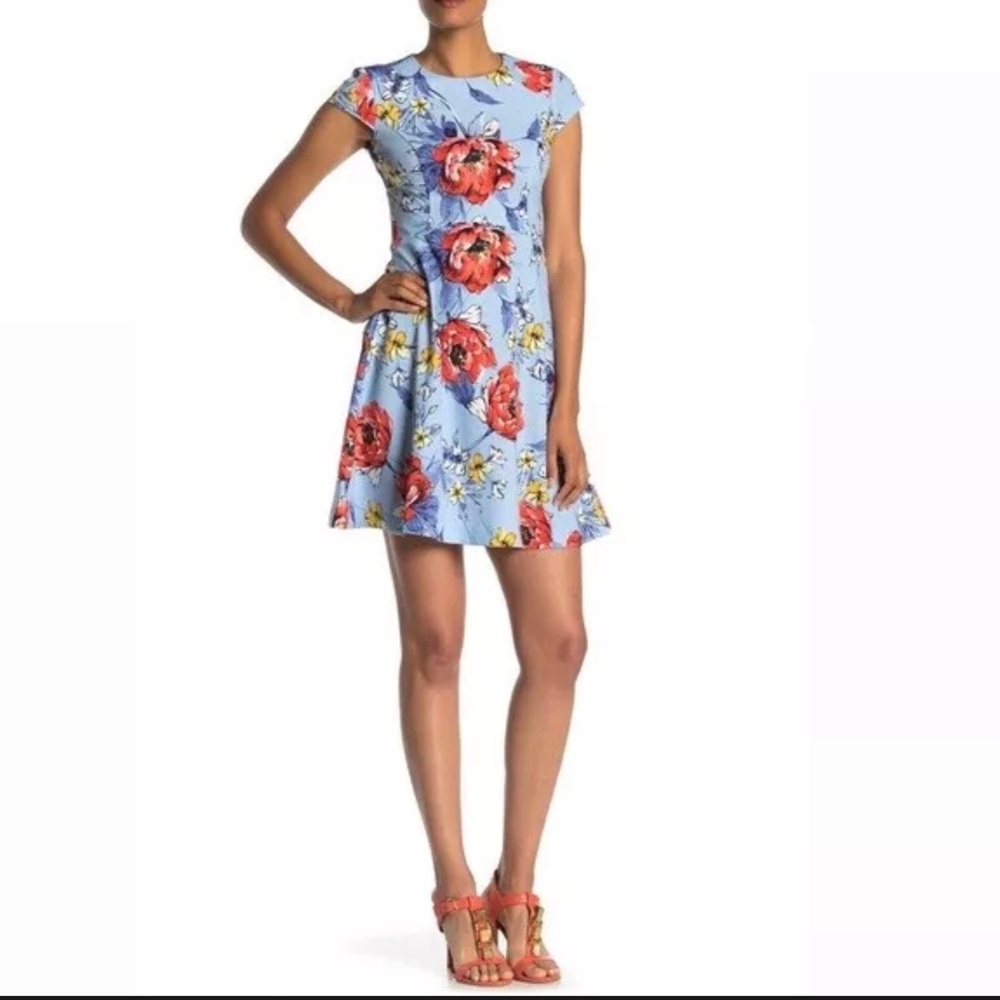 Vince Camuto Womens Floral Fit & Flare Mini Dress Size 4 Blue & Red Short Sleeve - Picture 3 of 16
